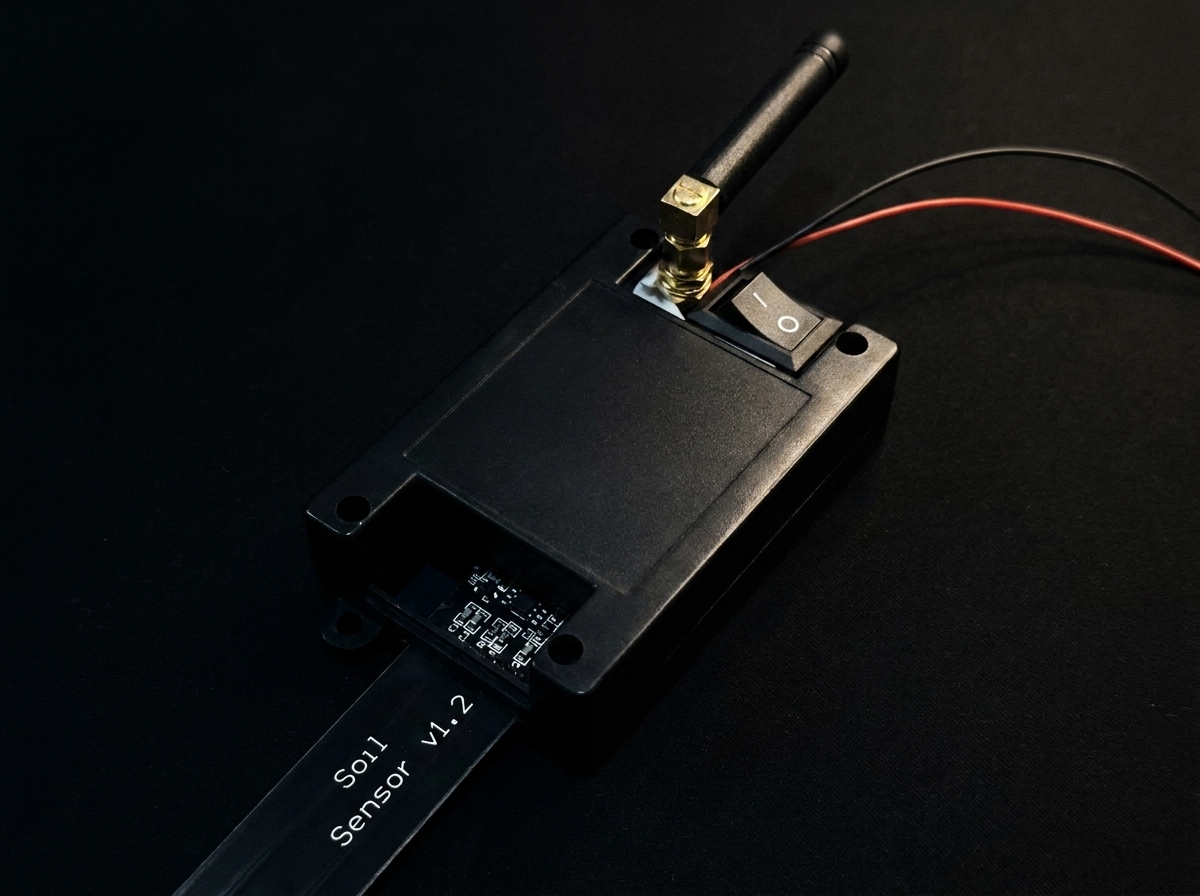 ESP32-C3 sensor node on the bench with LoRa radio and 18650 pack